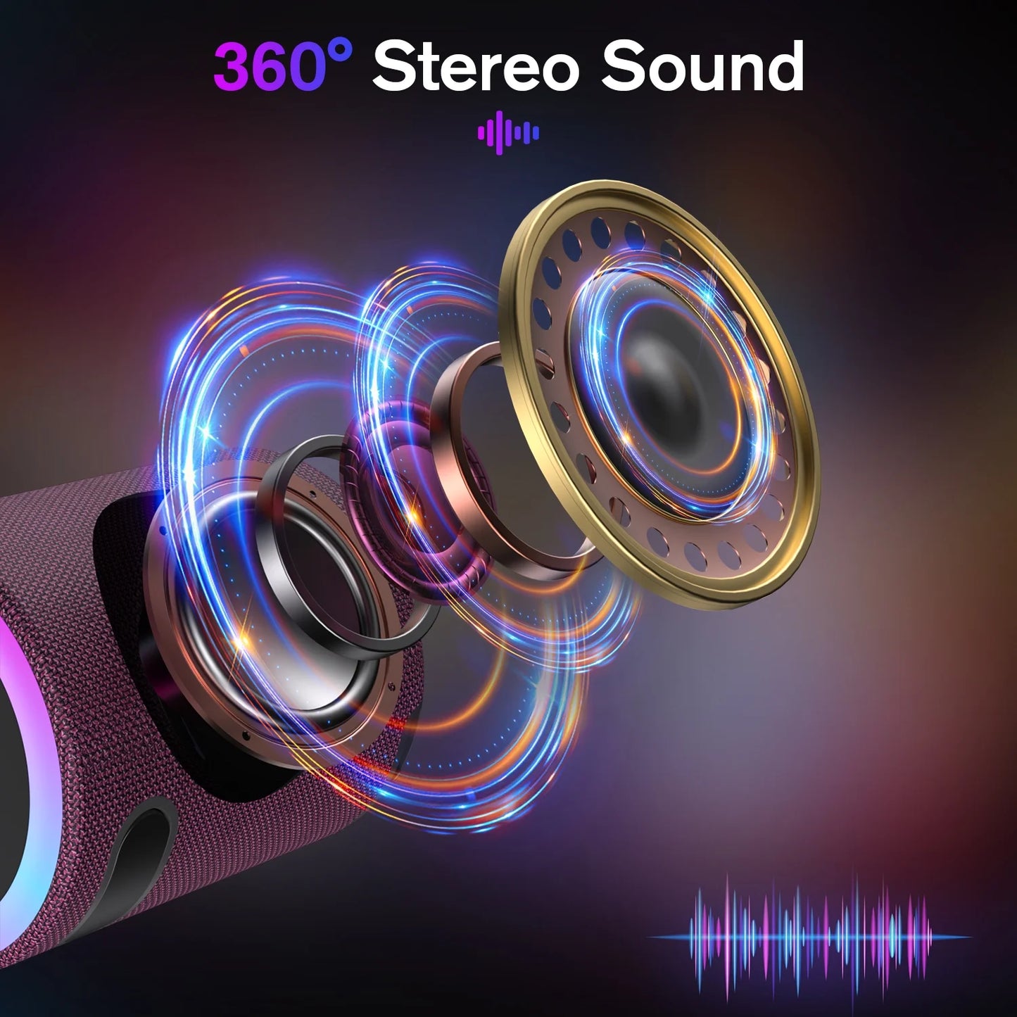 Portable Led Party Bluetooth 5.0 Speaker,Mini Wireless Speaker with Lights Rich Stereo Bass Aux, IPX6 Waterproof Outdoor Speaker, 24H Playtime, Dual Pairing, Home, Travel, Hiking