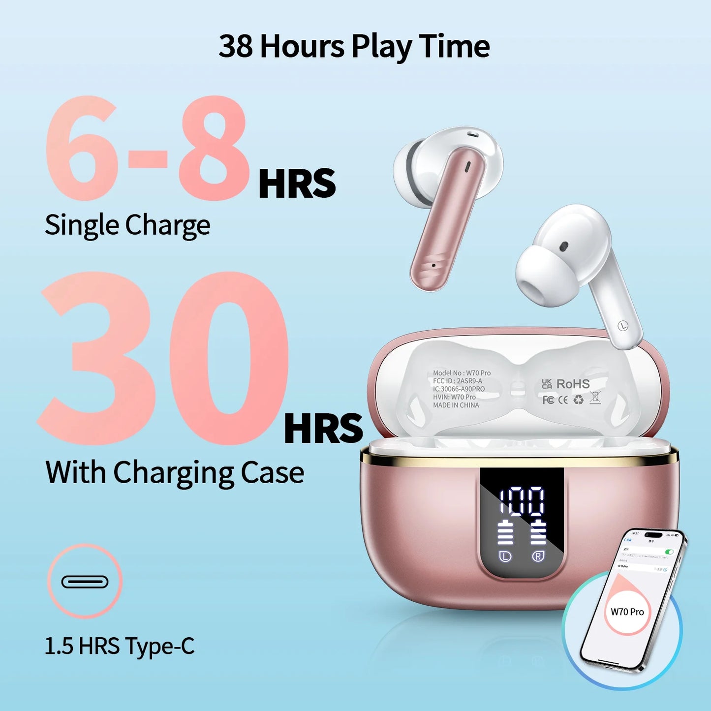 Wireless Noise Cancelling Earbuds Bluetooth 5.4 Headphones with Mic Deep Bass Stereo, 38H Playtime, LED Display, IPX7 Waterproof Sports Workout in Ear Buds for Iphone Android, Rose Gold