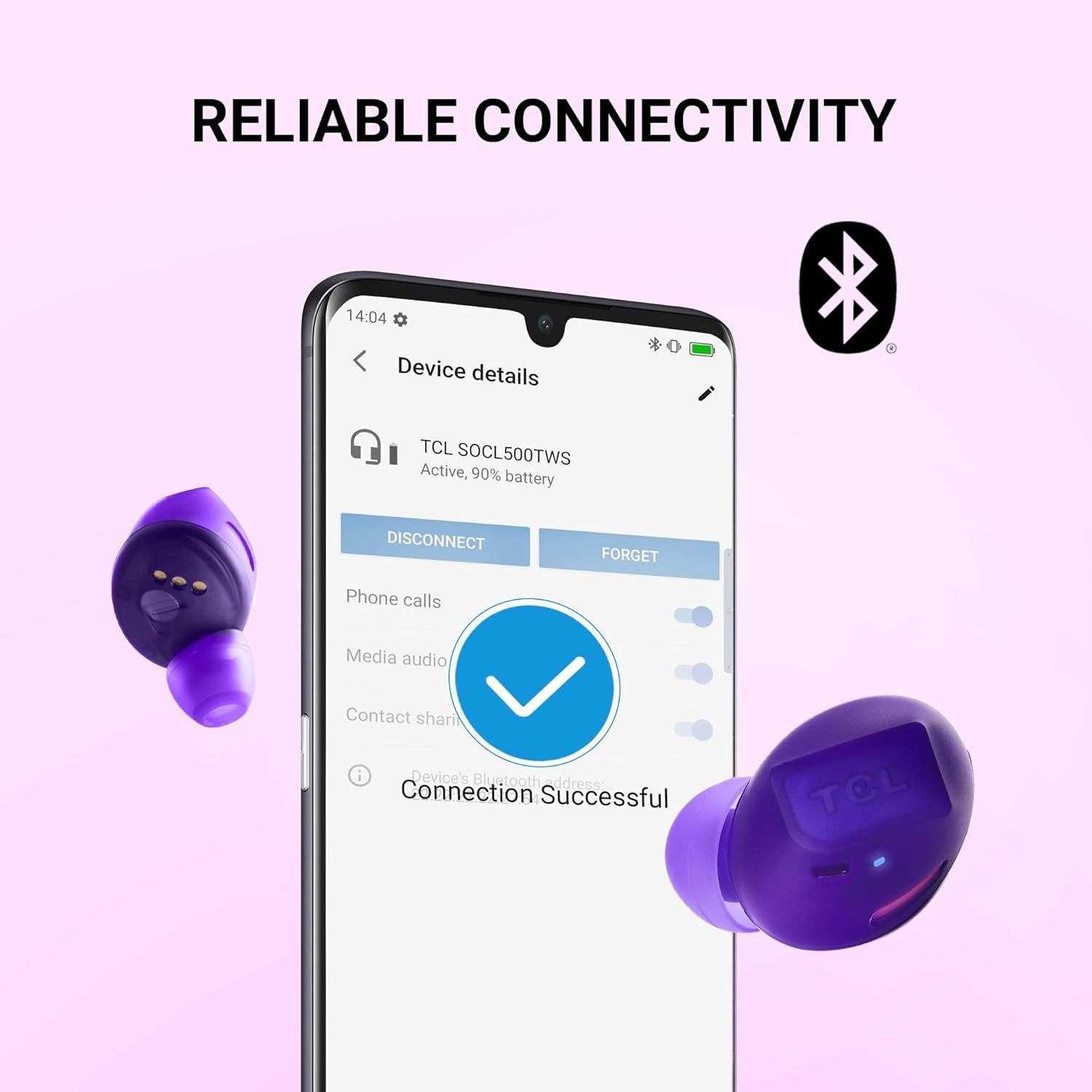 SOCL500TWS Wireless Earbuds with Pumping Bass, Type-C Charging Case 26H Playtime, Bluetooth 5.0, Secure Fit, Waterproof, Noise Isolation, One Step Pairing for Gym - Sunset Violet