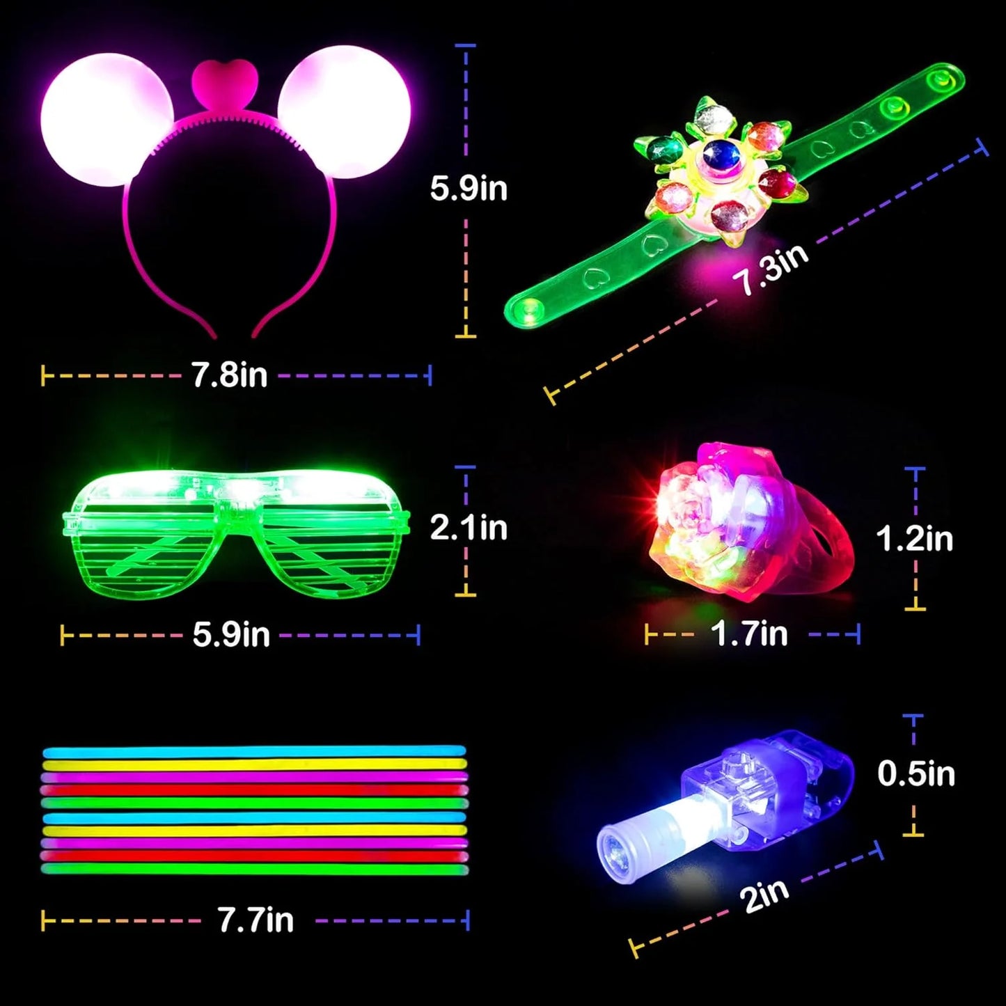 103PCS Glow in the Dark Party Supplies, Light up Party Favors for Kids, Christmas Carnival Neon Toys Bulk Party Pack with Glow Sticks, Glasses, LED Bracelets, Finger Lights, Ring, Headbands