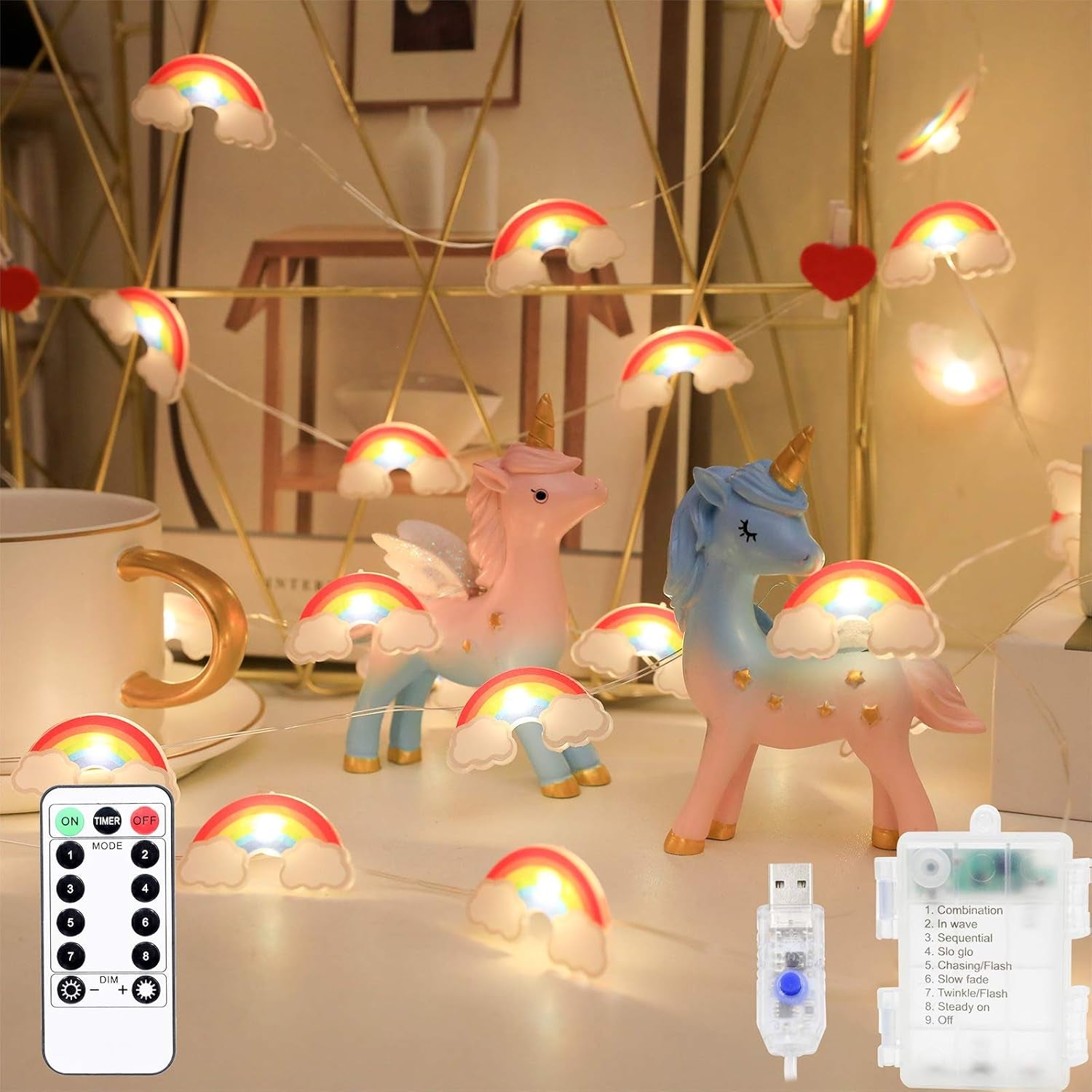 Rainbow String Lights 40 LED Decorative Fairy Light Indoor & Outdoor 8 Modes USB & Battery Powered Lights 13Ft Twinkle Lights with Remote Control Timer for Children Kids Bedroom Decoration