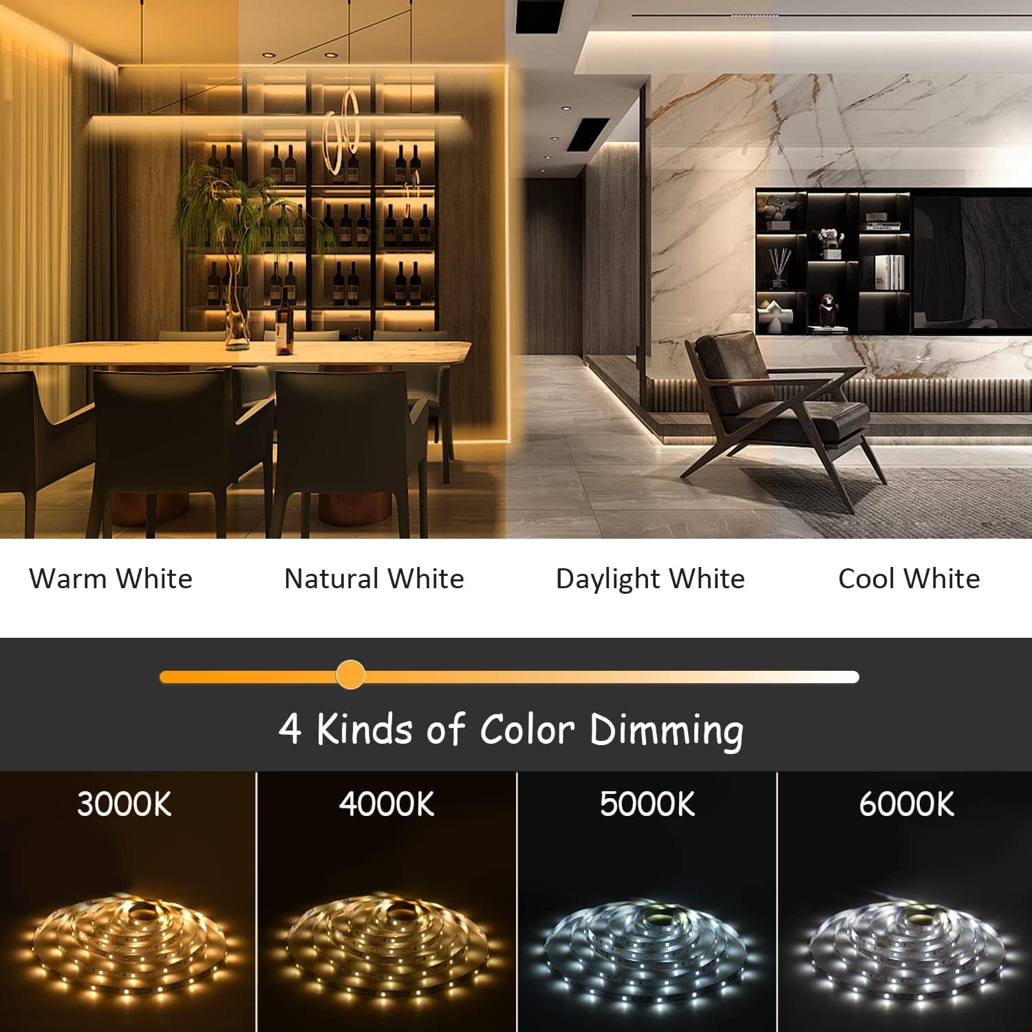 16.4Ft Tunable White Led Strip Lights Kit Dimmable 3000K-6000K, Waterproof Led Lights for Home Party House Kitchen Stair Living Room Ceiling (Daylight Warm White) Outdoor/Indoor