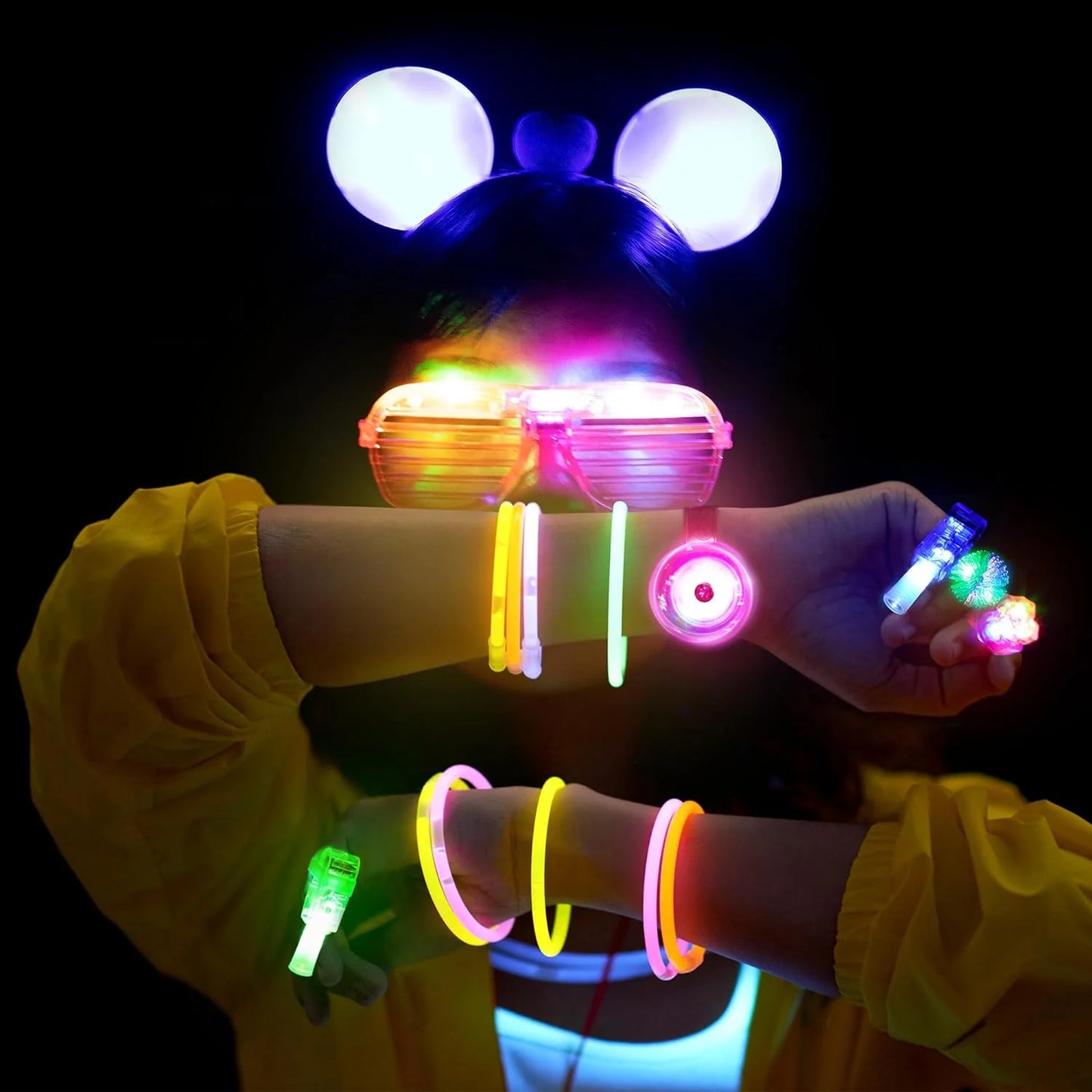 103PCS Glow in the Dark Party Supplies, Light up Party Favors for Kids, Christmas Carnival Neon Toys Bulk Party Pack with Glow Sticks, Glasses, LED Bracelets, Finger Lights, Ring, Headbands