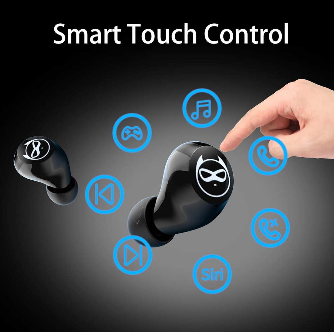 Batman Gray Wireless Bluetooth 5.0 Earbuds, B88-1, IPX5 Waterproof, 36H Playtime, Built-In Mic, LED Display, USB-C, for Kids, Boys, Adults, Gaming