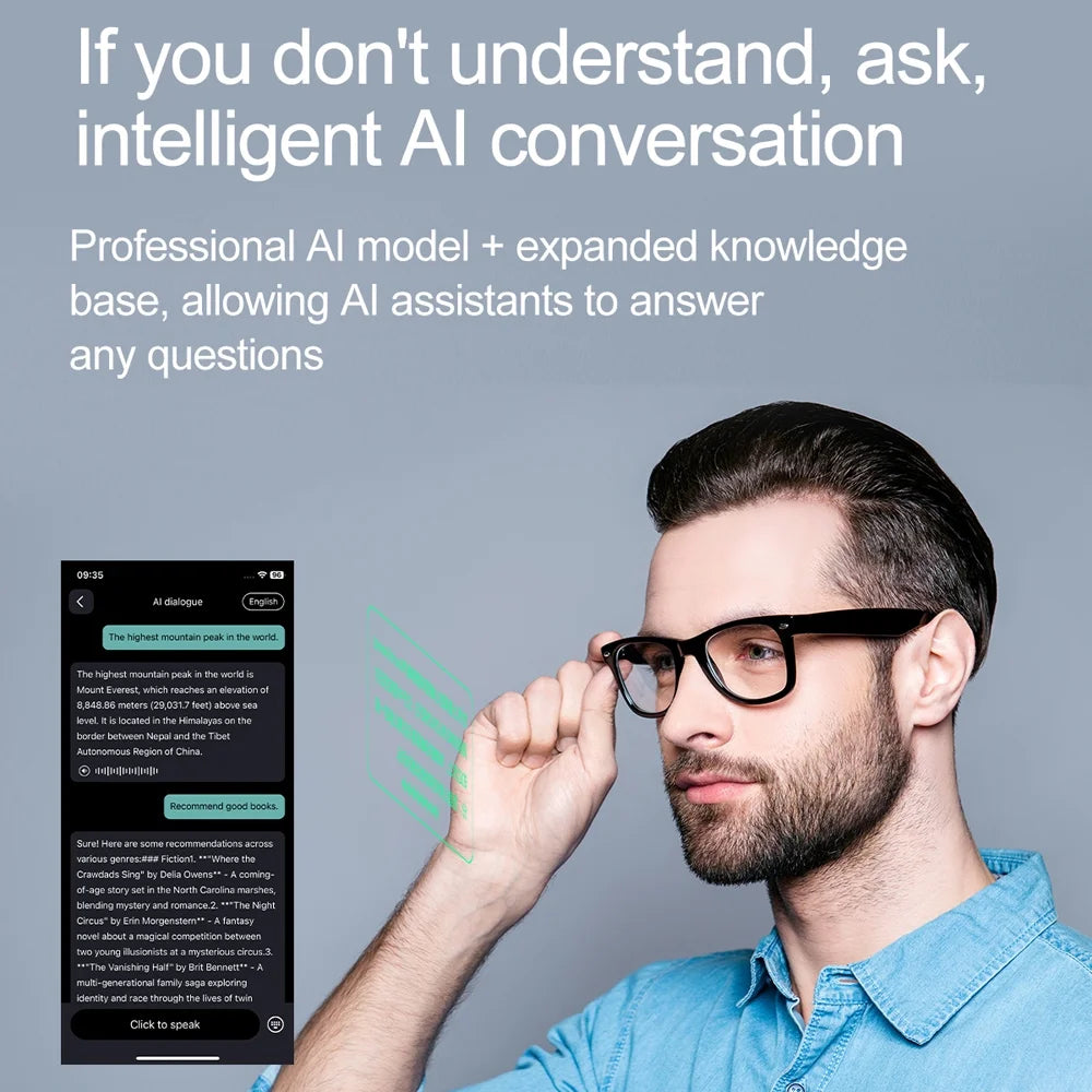 Wireless Bluetooth Glasses for Men and Women, Smart Glasses with Open-Ear Voice Control & Calling, Anti-Blue Light, AI Assistant & Translation for Traveling and Driving