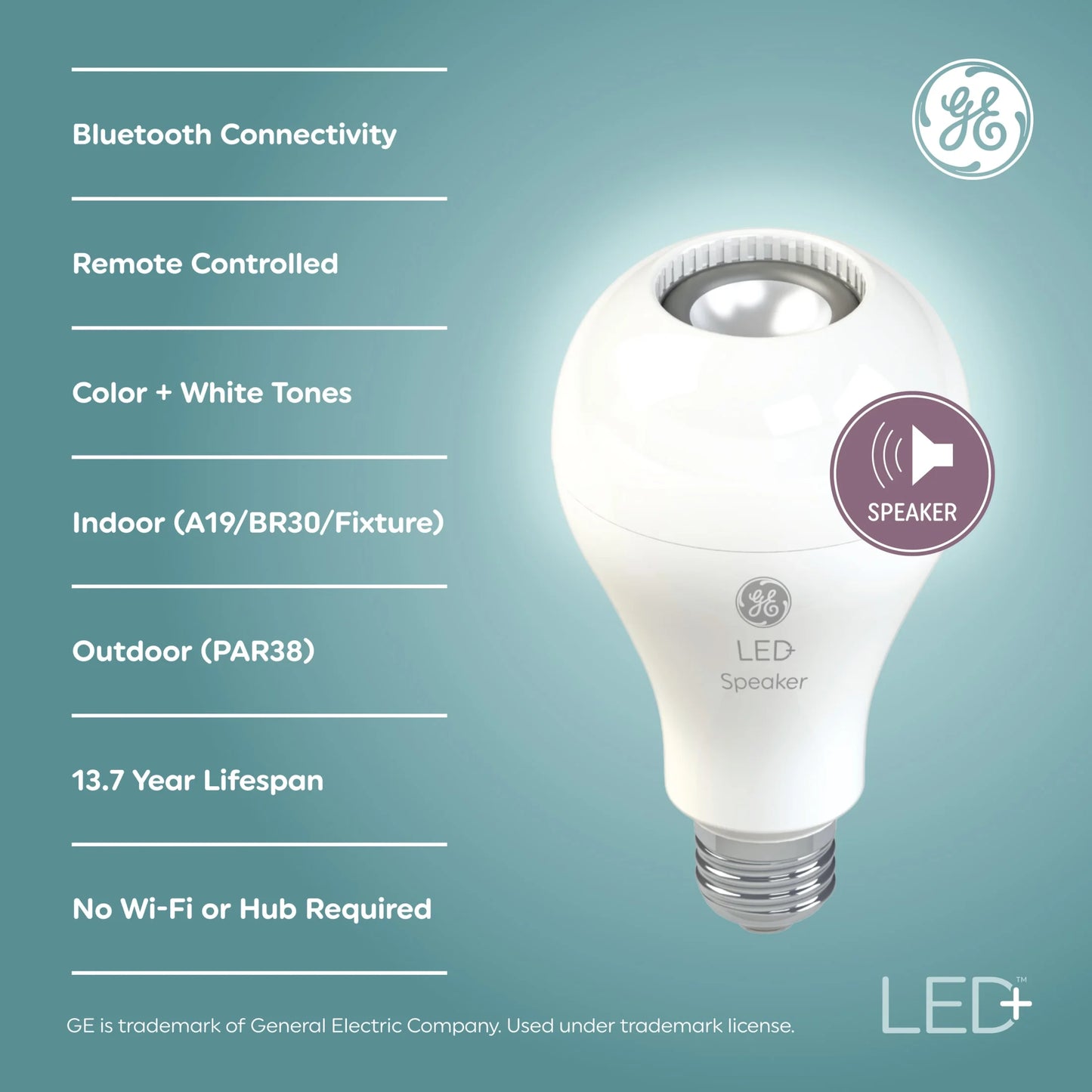GE LED+ Speaker LED Light Bulb, 9 Watt, Bluetooth Speaker, Medium Base, A21 Bulb