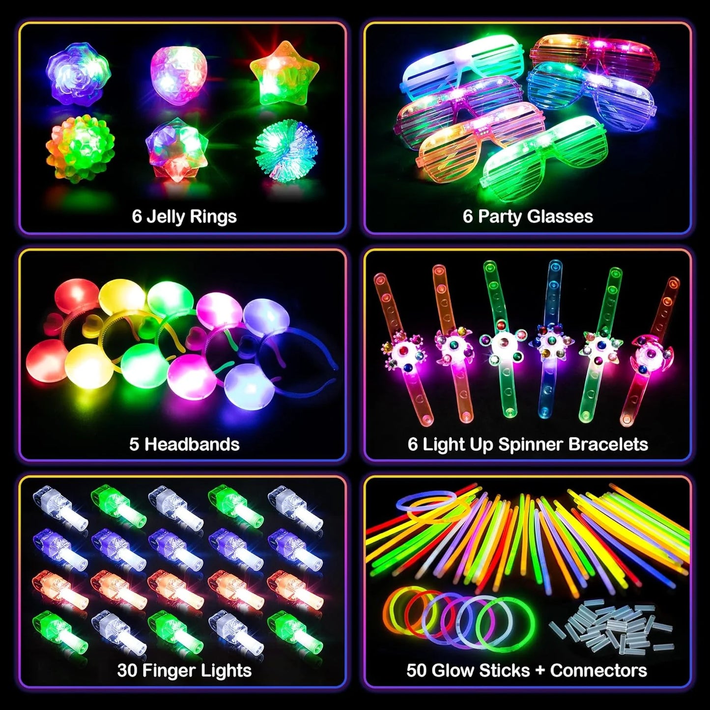 103PCS Glow in the Dark Party Supplies, Light up Party Favors for Kids, Christmas Carnival Neon Toys Bulk Party Pack with Glow Sticks, Glasses, LED Bracelets, Finger Lights, Ring, Headbands