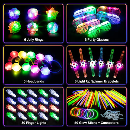 103PCS Glow in the Dark Party Supplies, Light up Party Favors for Kids, Christmas Carnival Neon Toys Bulk Party Pack with Glow Sticks, Glasses, LED Bracelets, Finger Lights, Ring, Headbands