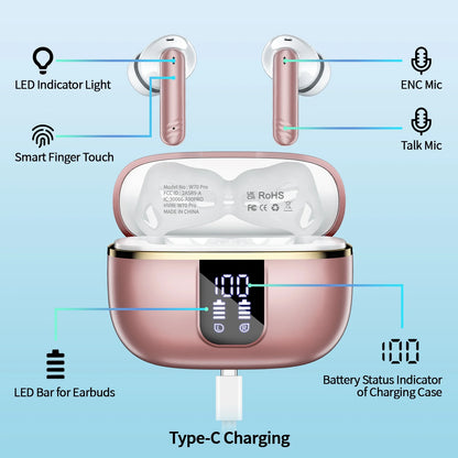Wireless Noise Cancelling Earbuds Bluetooth 5.4 Headphones with Mic Deep Bass Stereo, 38H Playtime, LED Display, IPX7 Waterproof Sports Workout in Ear Buds for Iphone Android, Rose Gold
