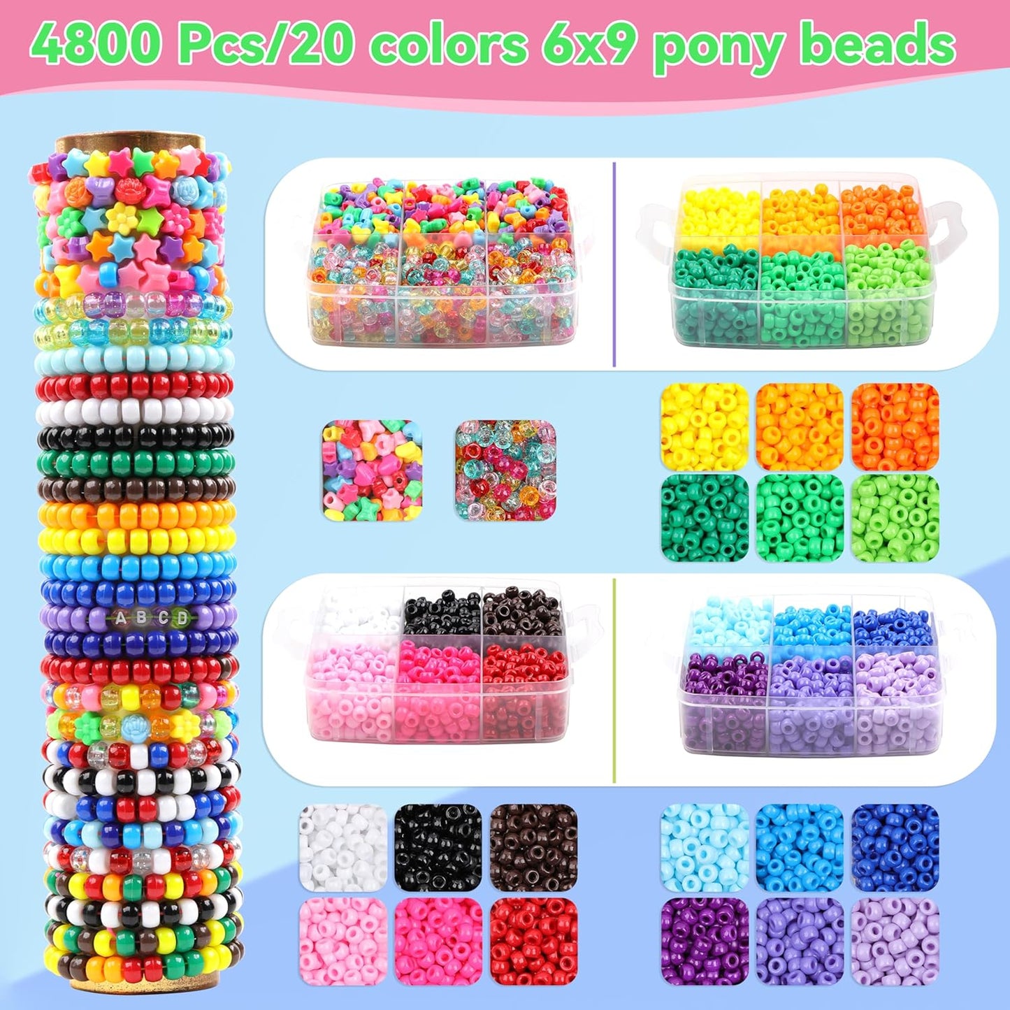 Pony Beads for Bracelets 4800 Pcs Plastic Beads for Friendship Bracelets Necklac