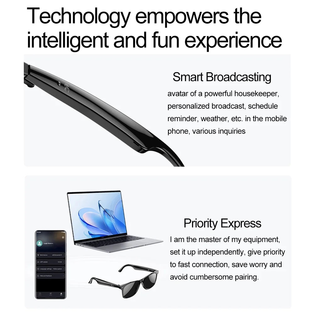 Wireless Bluetooth Glasses for Men and Women, Smart Glasses with Open-Ear Voice Control & Calling, Anti-Blue Light, AI Assistant & Translation for Traveling and Driving