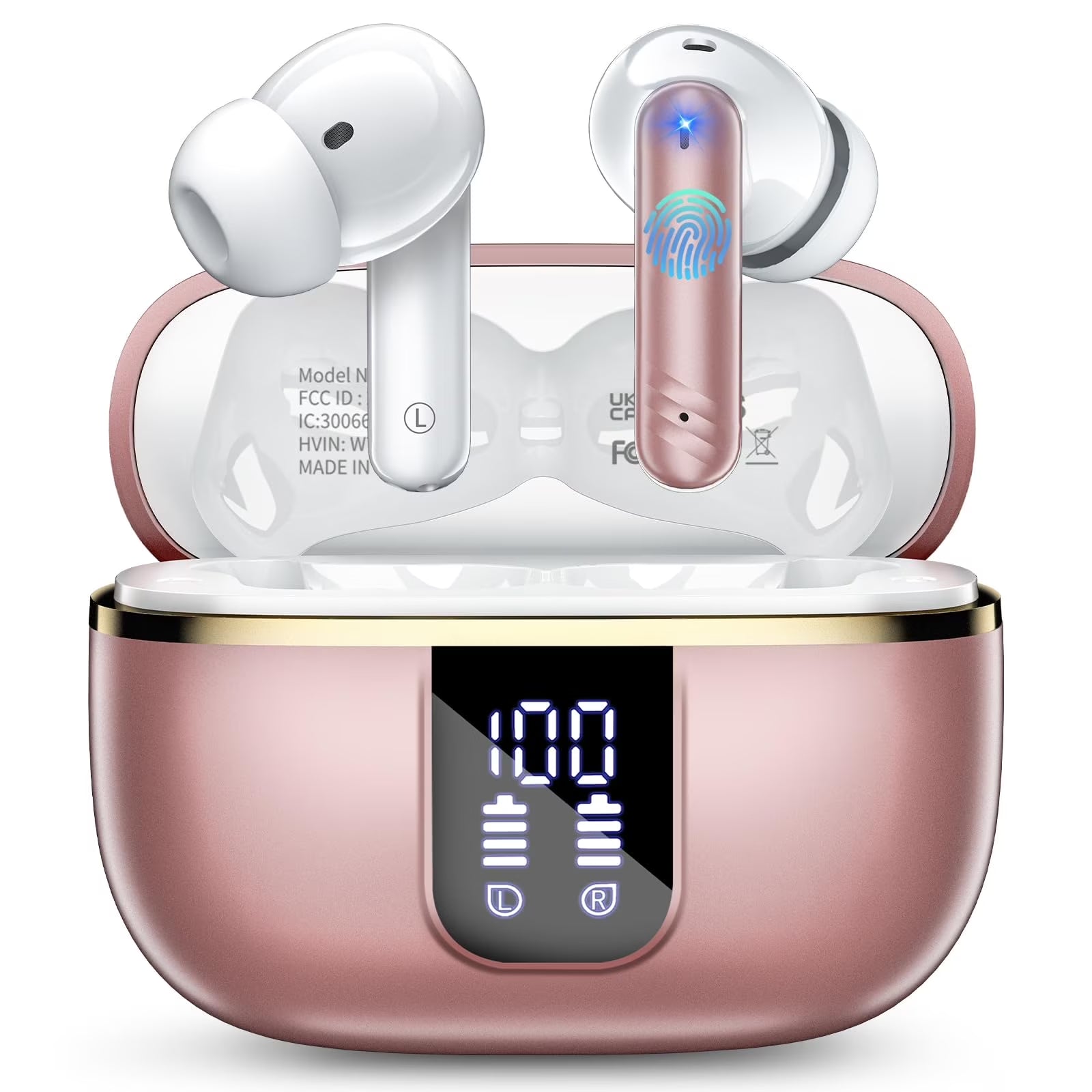 Wireless Noise Cancelling Earbuds Bluetooth 5.4 Headphones with Mic Deep Bass Stereo, 38H Playtime, LED Display, IPX7 Waterproof Sports Workout in Ear Buds for Iphone Android, Rose Gold