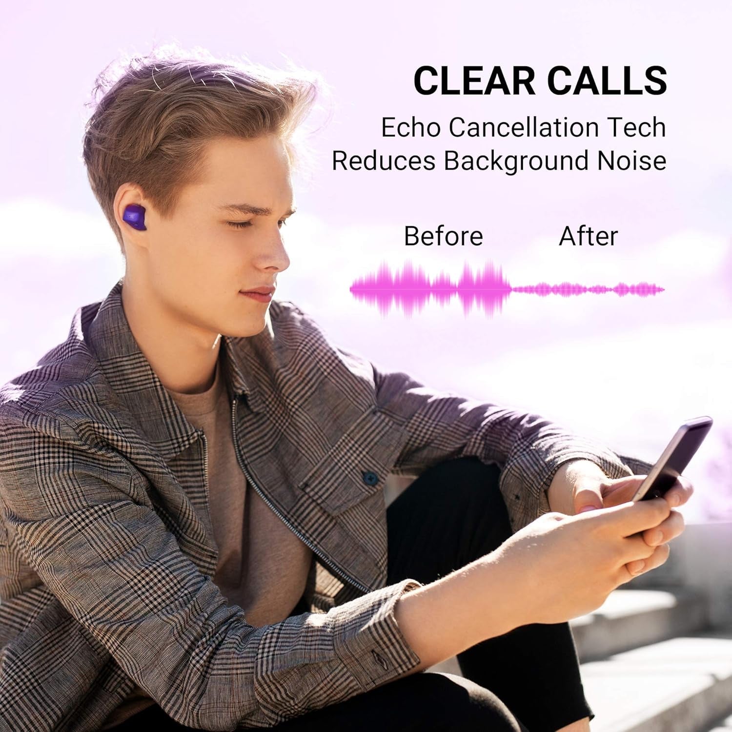 SOCL500TWS Wireless Earbuds with Pumping Bass, Type-C Charging Case 26H Playtime, Bluetooth 5.0, Secure Fit, Waterproof, Noise Isolation, One Step Pairing for Gym - Sunset Violet