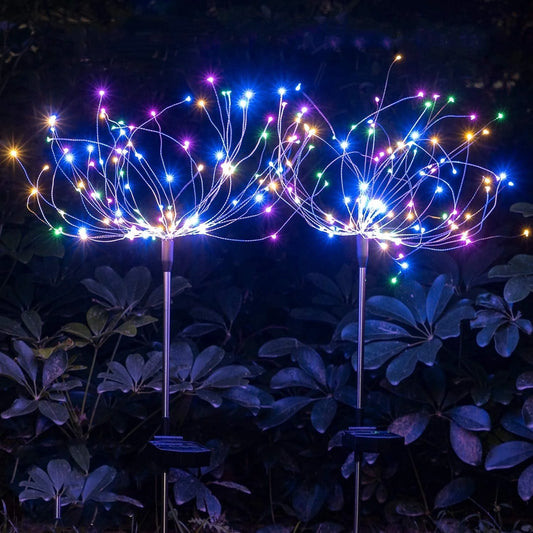 Solar Garden Firework Lights, 2 Pack 105 LED 2 Lighting Modes Multicolor Outdoor Waterproof Firework Solar Garden Decorative Lights for Walkway Pathway Backyard Patio Yard Christmas Decoration