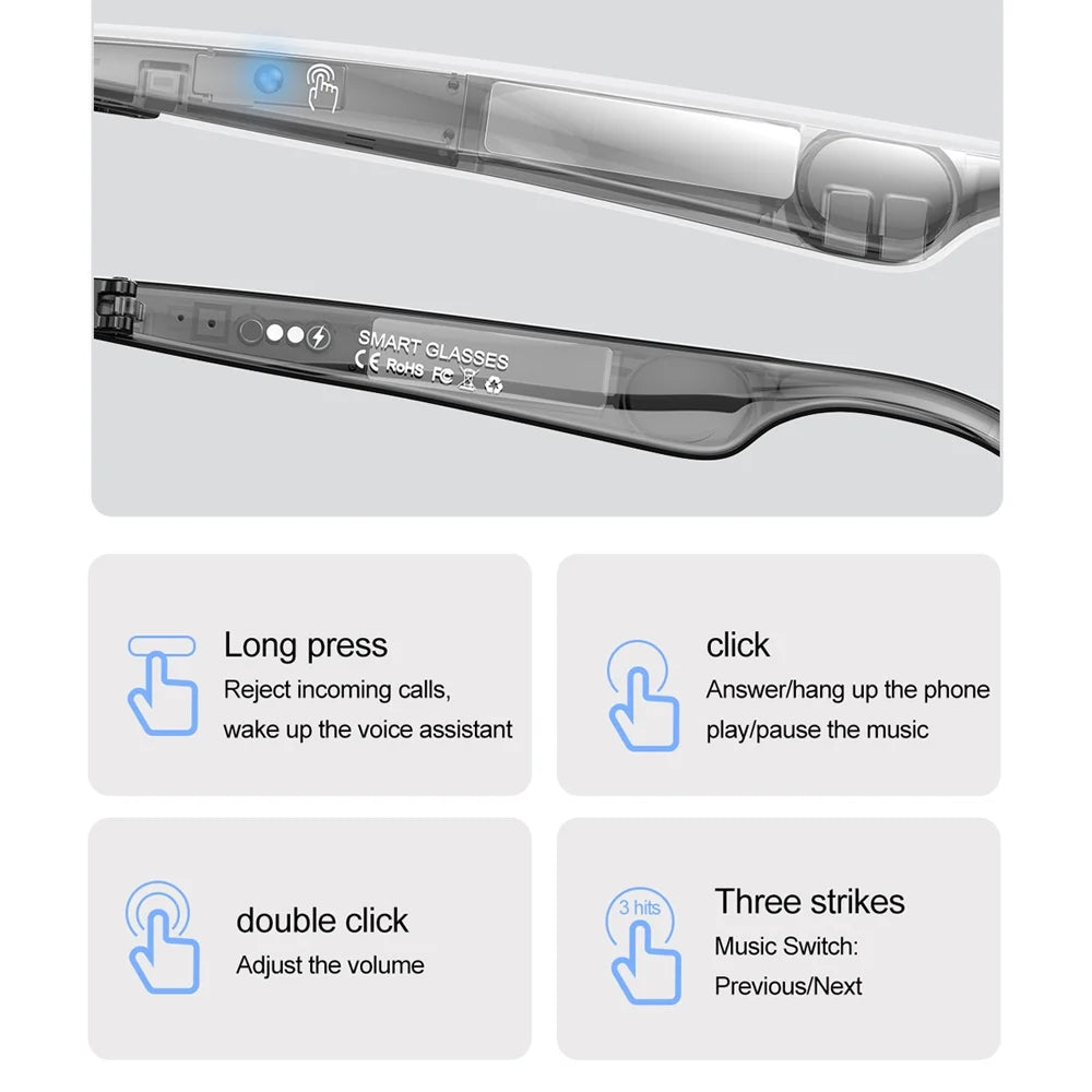 Wireless Bluetooth Glasses for Men and Women, Smart Glasses with Open-Ear Voice Control & Calling, Anti-Blue Light, AI Assistant & Translation for Traveling and Driving